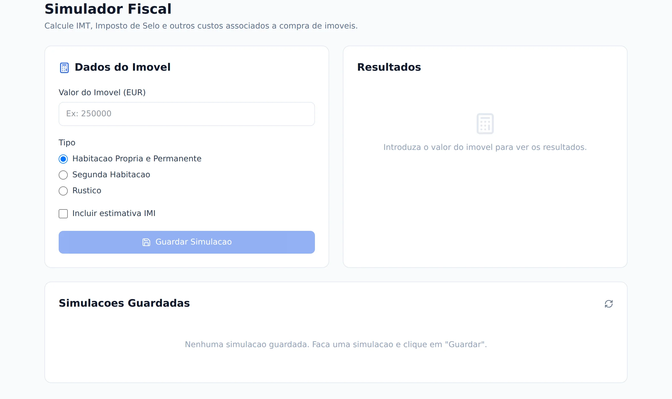 Simulador fiscal do Imobi com cálculo de IMT, imposto de selo e IMI